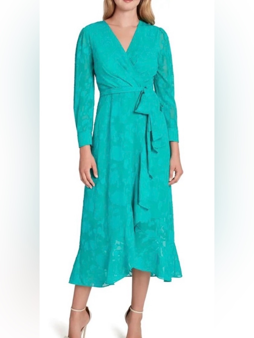 Tahari Teal Floral Jacquard Wrap Midi Dress Size 10 Wedding Guest
